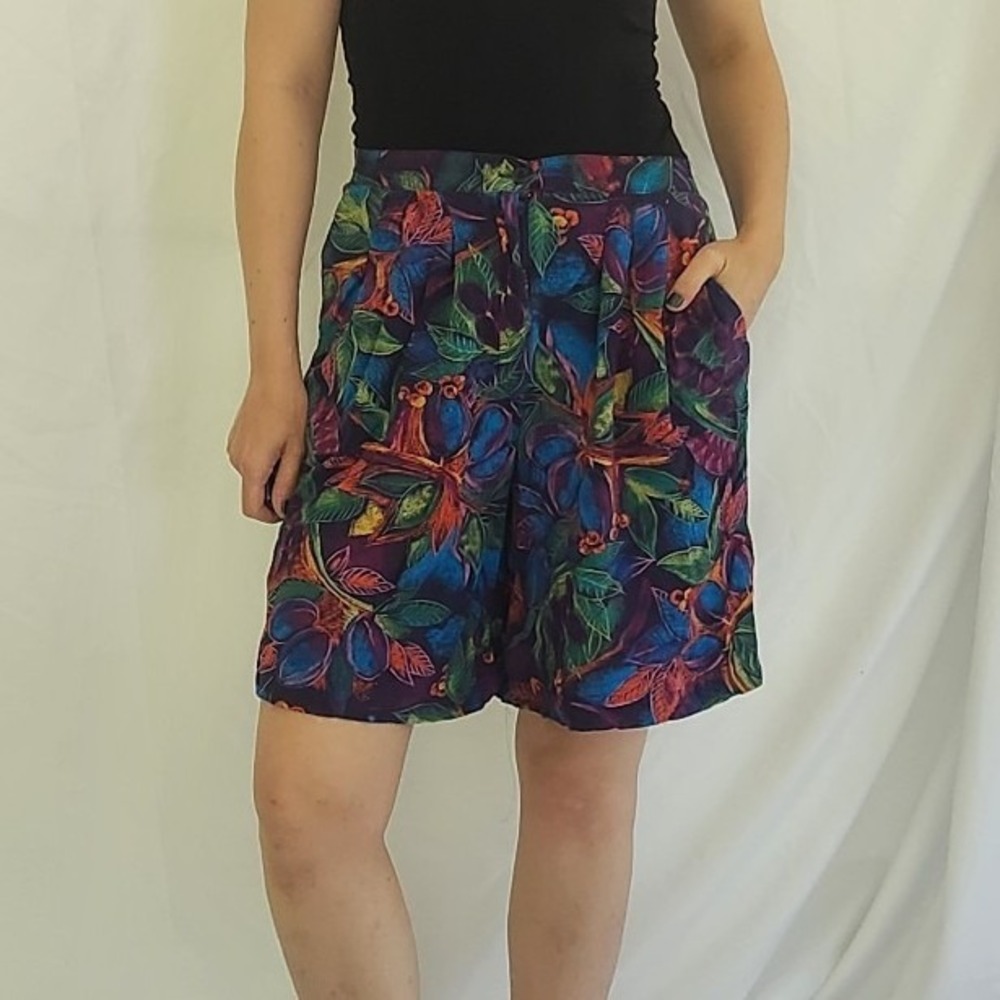 90s Purple Tropical Print Rayon Shorts